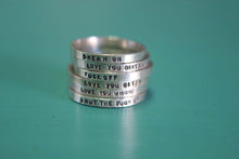 Load image into Gallery viewer, Custom Stamped Sterling Silver Stacking Ring Band. Customizable inscription message ring. Mothers day childs name ring bridesmaid gift.
