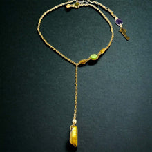 Load image into Gallery viewer, A gold-filled necklace with asymmetrical design and gold quartz stones, featuring a key charm on a chain.