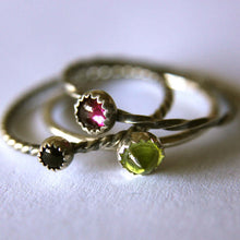 Load image into Gallery viewer, A set of three stackable silver rings, with different colored gemstones.