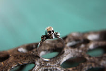 Load image into Gallery viewer, Dainty Skull Stacking Ring with Gemstones. Sterling silver gothic gemstone stacking ring. Small macabre skull ring.