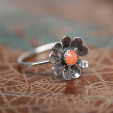 Load image into Gallery viewer, Delicate Blooming Poppy Gemstone Ring. Sterling silver floral gemstone stacking ring. Springtime jewelry.