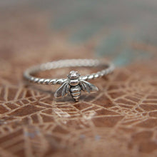 Load image into Gallery viewer, Delicate Little Spring Flora Honey Bee Ring. Sterling silver insect stacking ring. Sterling silver springtime stacking ring.