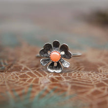 Load image into Gallery viewer, Delicate Blooming Poppy Gemstone Ring. Sterling silver floral gemstone stacking ring. Springtime jewelry.