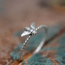 Load image into Gallery viewer, Delicate Little Spring Flora Honey Bee Ring. Sterling silver insect stacking ring. Sterling silver springtime stacking ring.