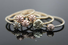 Load image into Gallery viewer, Set of Three Cherry Blossom Rings in 14k Gold. Simple stacking rings in 14k rose gold, yellow gold, white gold. Thin gold rings.