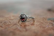 Load image into Gallery viewer, Delicate Sterling Silver Floral Gemstone Ring. Pretty sterling silver flower stacking ring with a gemstone center. Springtime bouquet ring.