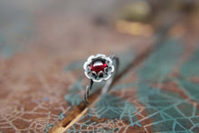 Load image into Gallery viewer, Delicate Sterling Silver Floral Gemstone Ring. Pretty sterling silver flower stacking ring with a gemstone center. Springtime bouquet ring.