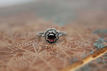 Load image into Gallery viewer, Delicate Sterling Silver Floral Gemstone Ring. Pretty sterling silver flower stacking ring with a gemstone center. Springtime bouquet ring.