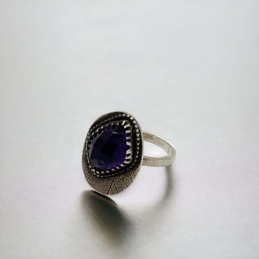 Enchanted Forest: Handcrafted Sterling Silver Leaf Etched Amethyst ring