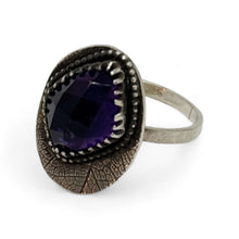 Load image into Gallery viewer, Enchanted Forest: Handcrafted Sterling Silver Leaf Etched Amethyst ring

