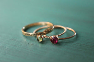 2 solid 14k gold gemstone stacking rings and custom band set of 3 rings