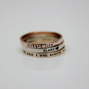 Solid 14k white gold custom hand stamped tiny band ring. Knuckle size available.