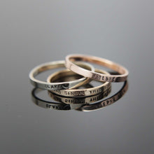 Load image into Gallery viewer, Solid 14k white gold custom hand stamped tiny band ring. Knuckle size available.
