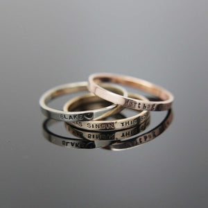 Solid 14k white gold custom hand stamped tiny band ring. Knuckle size available.