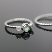 Load image into Gallery viewer, Triple gemstone stacking band. Three gemstones on a textured ring in sterling silver.
