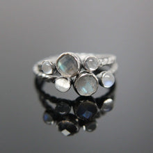 Load image into Gallery viewer, Triple gemstone stacking band. Three gemstones on a textured ring in sterling silver.
