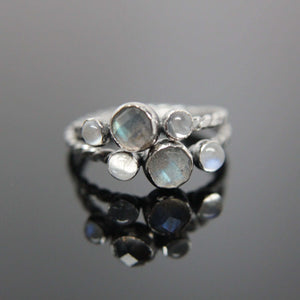 Triple gemstone stacking band. Three gemstones on a textured ring in sterling silver.