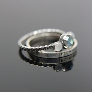 Triple gemstone stacking band. Three gemstones on a textured ring in sterling silver.