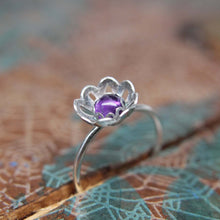 Load image into Gallery viewer, Blooming Flower Gemstone Stacking Ring. Pretty sterling silver floral stacking ring with a gemstone center. Springtime jewelry.
