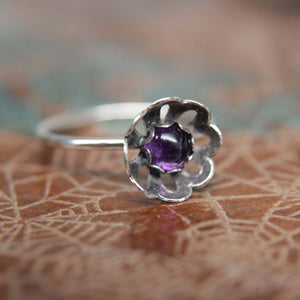 Blooming Flower Gemstone Stacking Ring. Pretty sterling silver floral stacking ring with a gemstone center. Springtime jewelry.