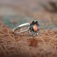 Load image into Gallery viewer, Delicate Blooming Poppy Gemstone Ring. Sterling silver floral gemstone stacking ring. Springtime jewelry.
