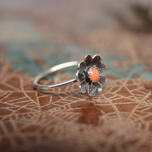 Delicate Blooming Poppy Gemstone Ring. Sterling silver floral gemstone stacking ring. Springtime jewelry.