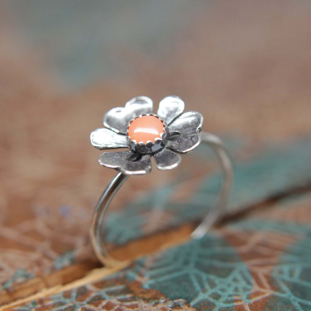 Delicate Blooming Poppy Gemstone Ring. Sterling silver floral gemstone stacking ring. Springtime jewelry.