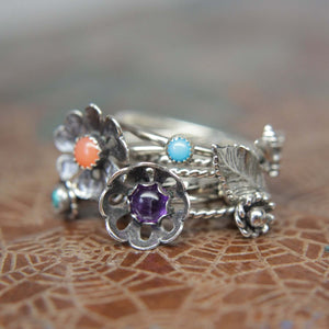 Blooming Flower Gemstone Stacking Ring. Pretty sterling silver floral stacking ring with a gemstone center. Springtime jewelry.