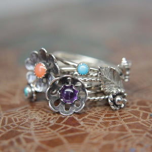 Delicate Sterling Silver Floral Gemstone Ring. Pretty sterling silver flower stacking ring with a gemstone center. Springtime bouquet ring.