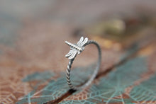 Load image into Gallery viewer, Delicate Little Dragonfly Stacking Ring. Sterling silver damselfly ring. Springtime insect ring.
