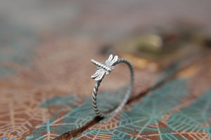 Delicate Little Dragonfly Stacking Ring. Sterling silver damselfly ring. Springtime insect ring.