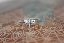 Load image into Gallery viewer, Delicate Little Dragonfly Stacking Ring. Sterling silver damselfly ring. Springtime insect ring.
