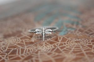 Delicate Little Dragonfly Stacking Ring. Sterling silver damselfly ring. Springtime insect ring.